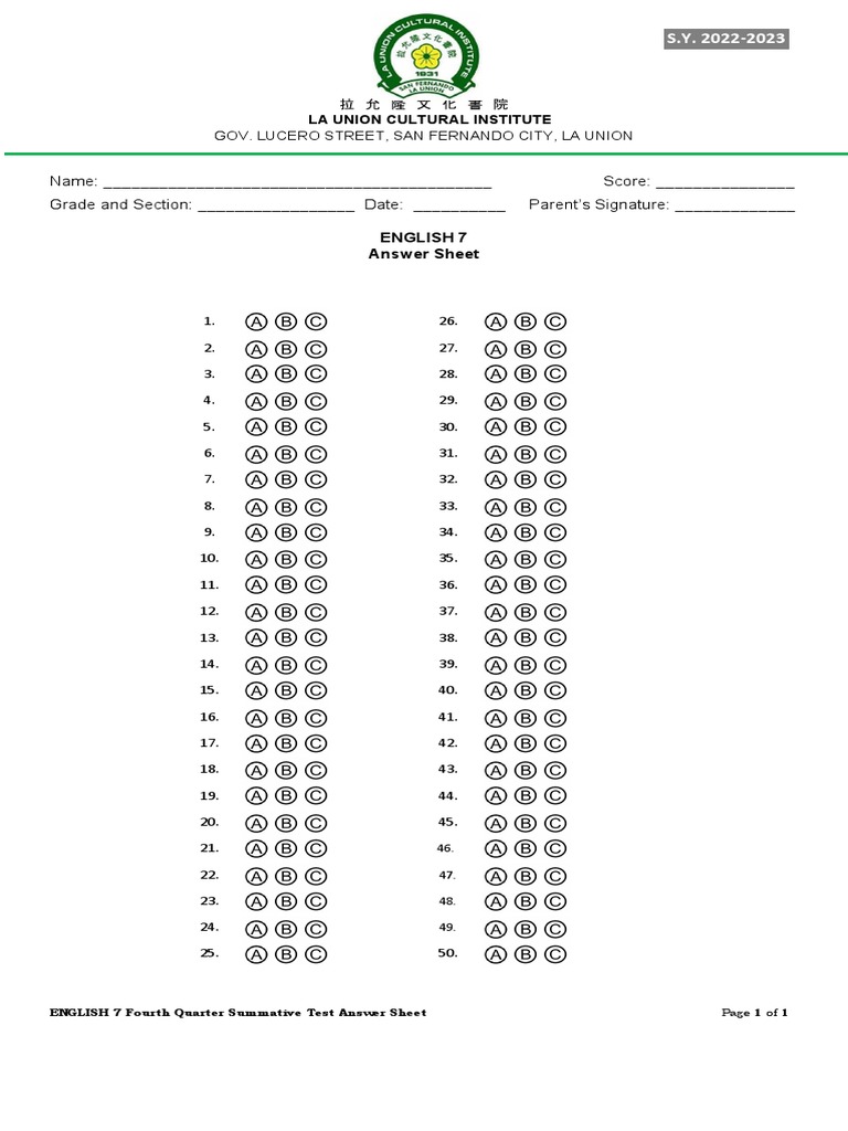 English 7 Summative Test Answer Sheet | PDF