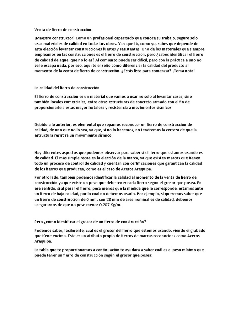 Venta de Fierro de Construcción PDF Hormigón