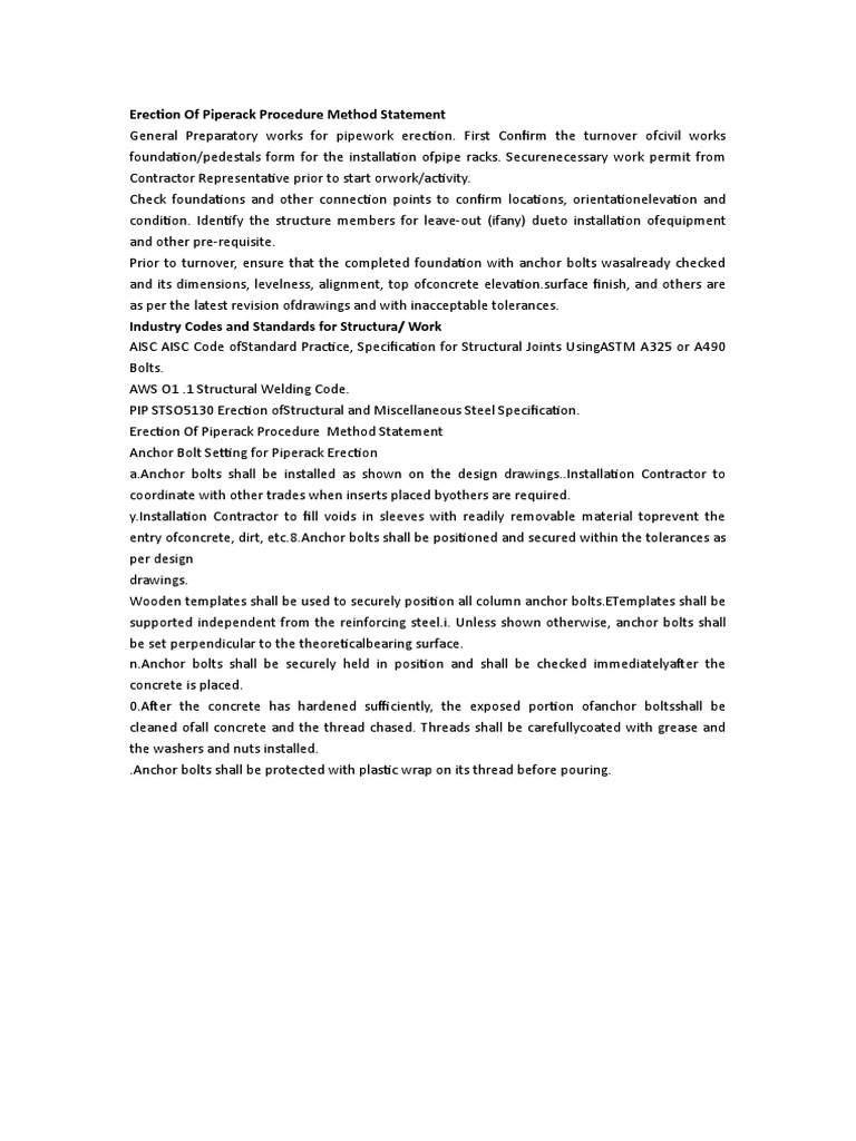 Pipe Rack Erection Method Statement | PDF | Crane (Machine) | Nut ...