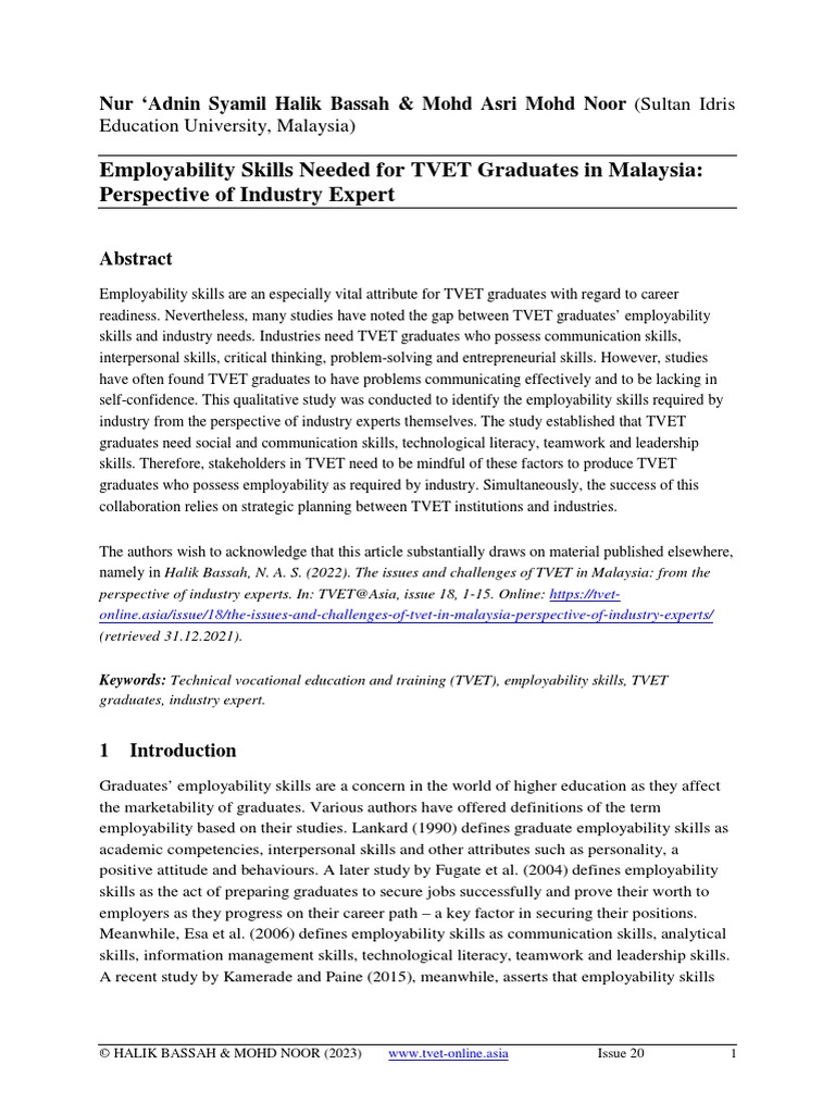 Employability Skills Needed For Tvet Graduates In Malaysia Pdf