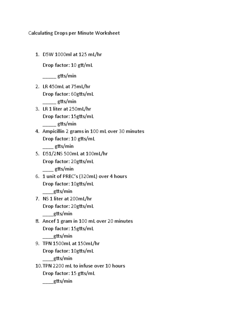 Calculating Drops Per Minute Worksheet PDF