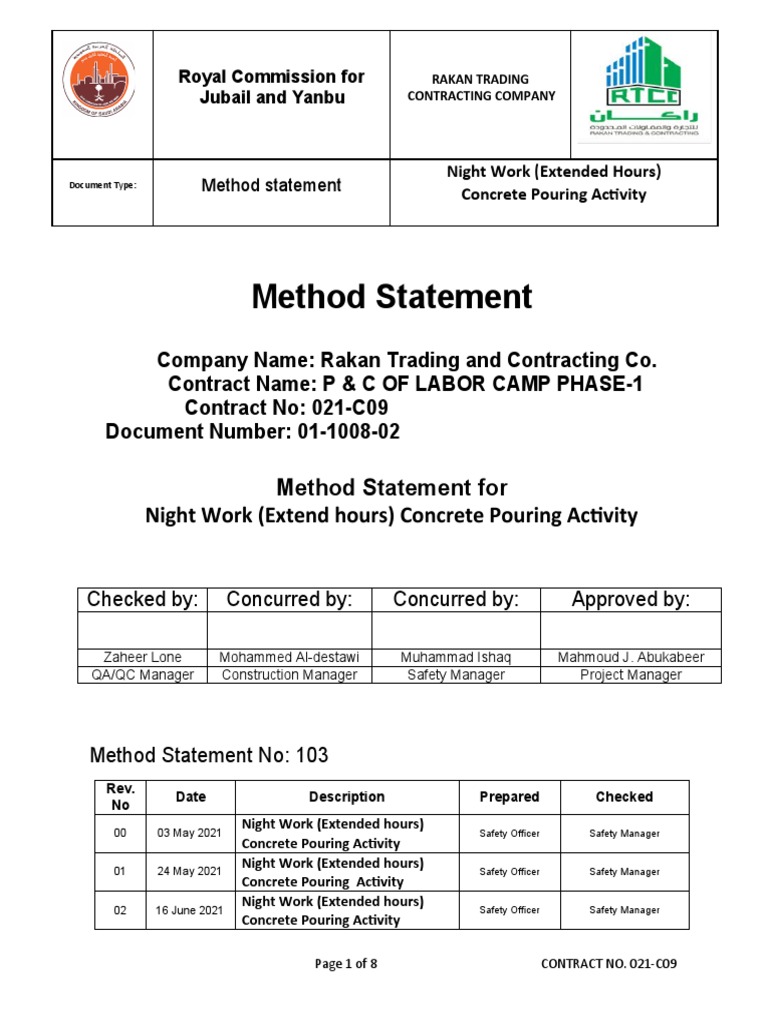 Night Work Method Statement for Concrete | PDF | Manufactured Goods ...