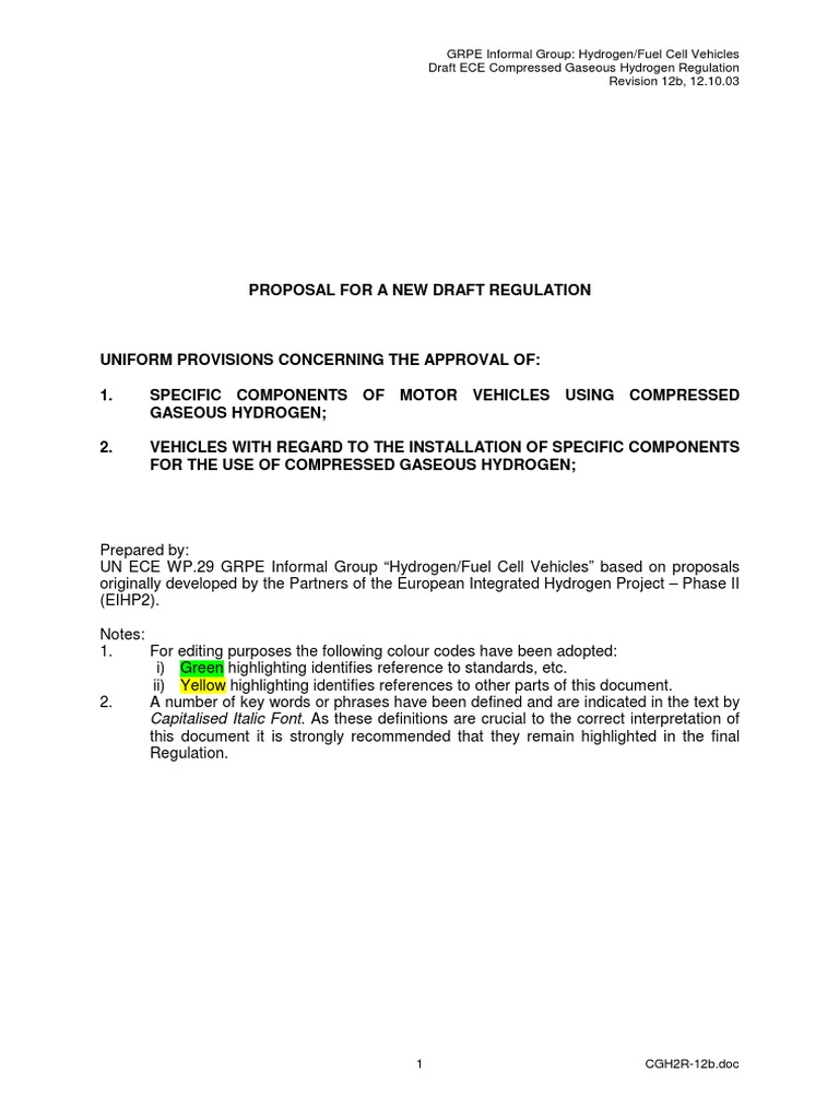 Draft Regulation for Hydrogen Vehicles | PDF | Valve | Engines