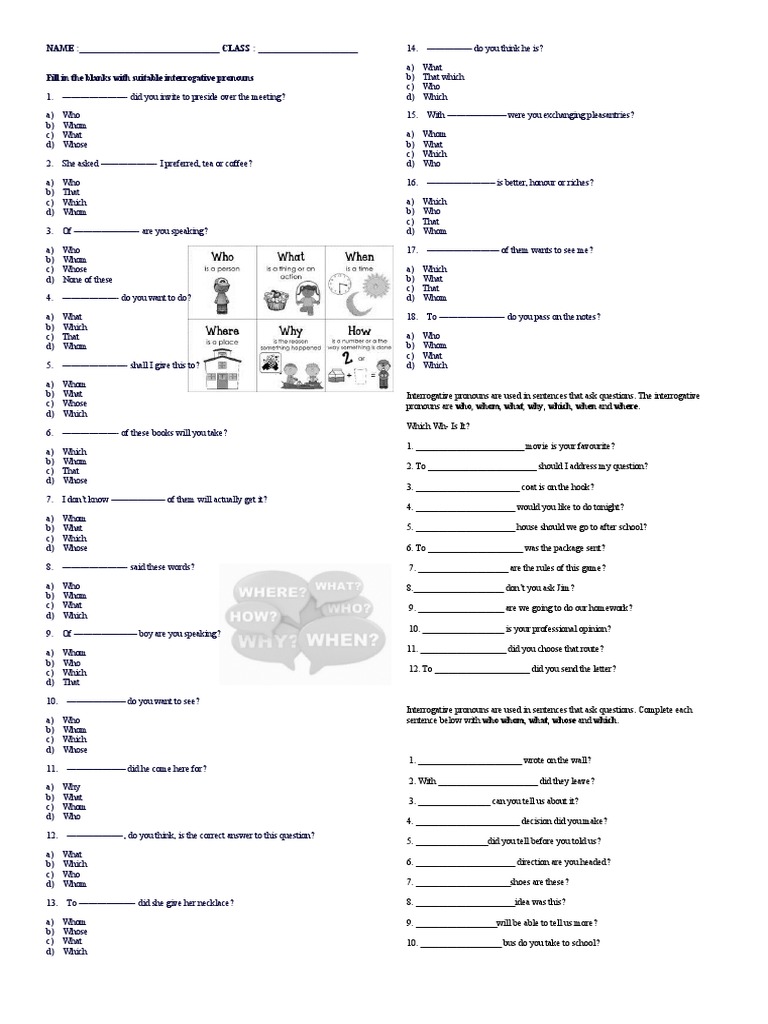 Interrogative Pronouns Worksheet | Download Free PDF | Question | Pronoun