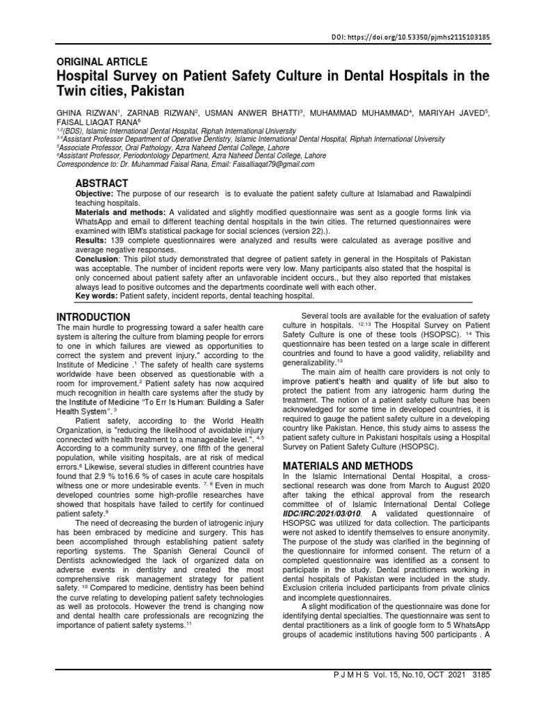 Hospital survey on patient safety culture in dental hospitals in the