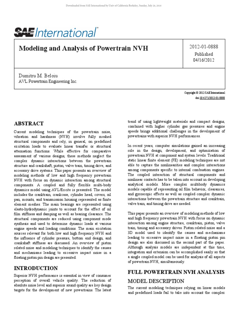 Modeling and Analysis of Powertrain NVH AVL Powertrain Engineering Inc