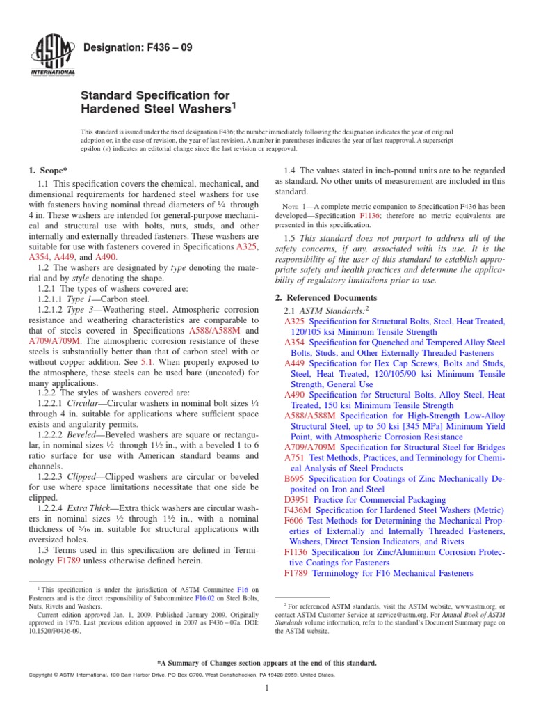 Hardened Steel Washers Standard Specification For PDF Screw Steel