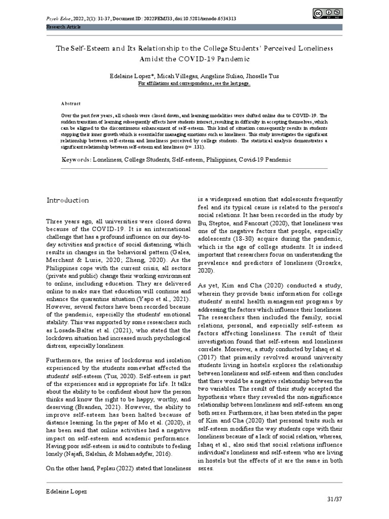 Self-Esteem and Loneliness in College Students | PDF | Self Esteem ...