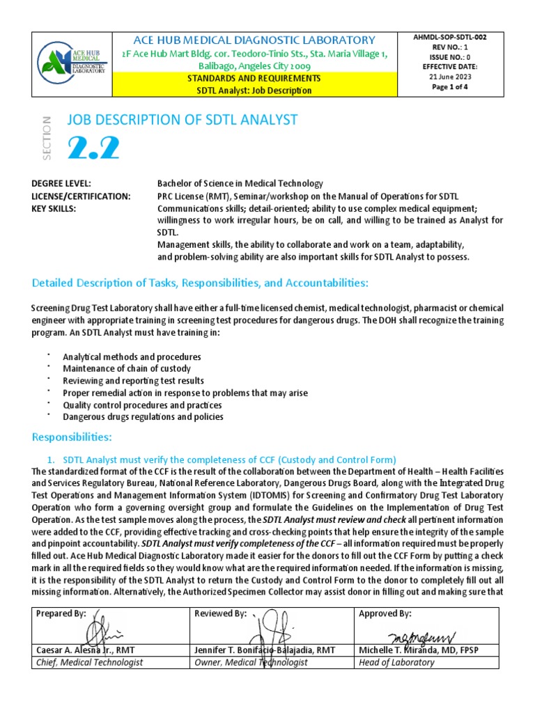 Job Description of SDTL Analyst PDF Drug Test Laboratories