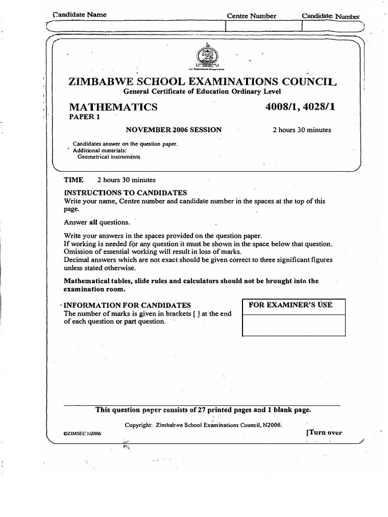 O-Levels Mathematics 2006 | PDF | Area | Elementary Mathematics