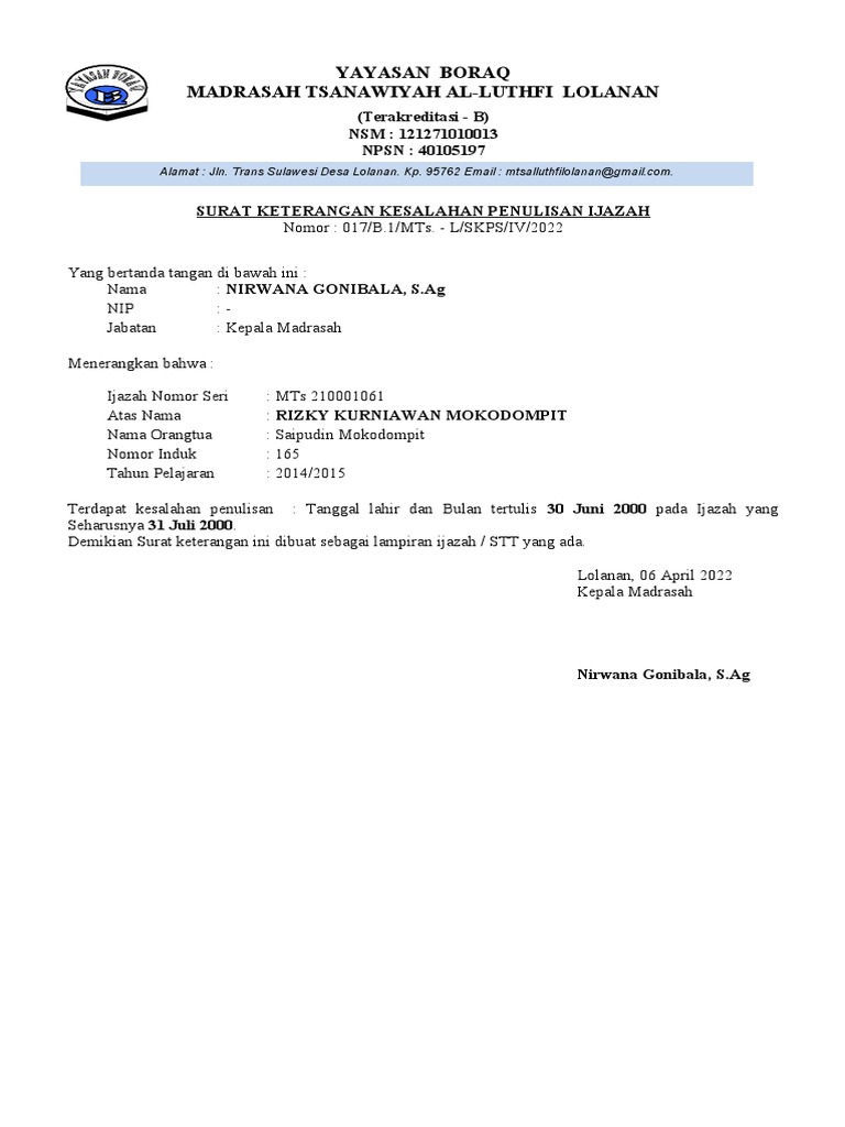 Surat Kesalahan Ijazah Rizky Kurniawan | PDF