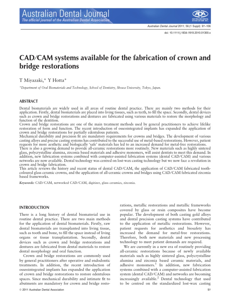 CAD/CAM Systems for Dental Restorations | PDF | Dentistry Branches ...