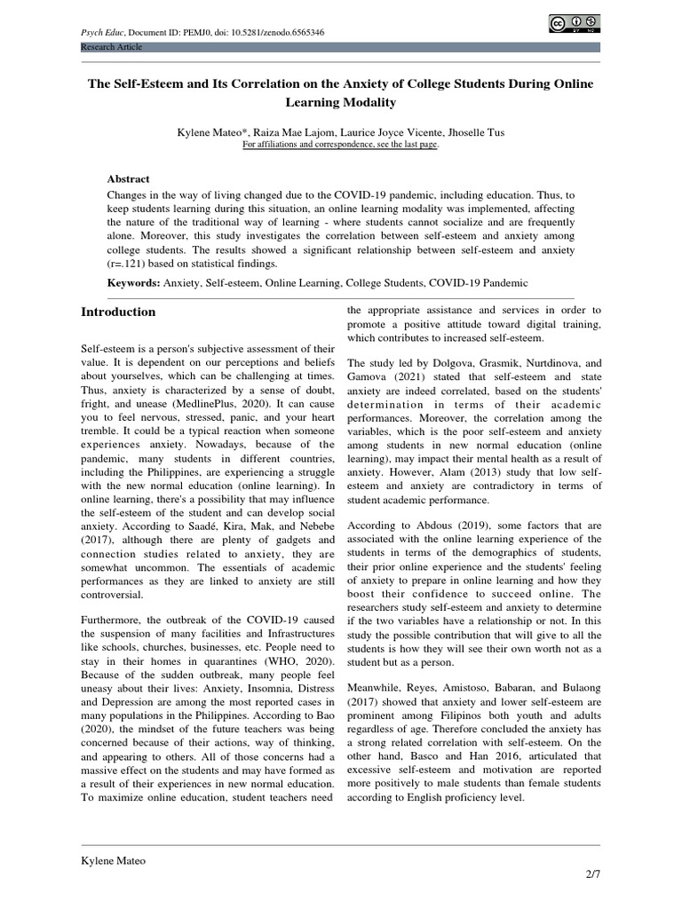 Self-Esteem's Impact on College Anxiety | PDF | Self Esteem | Anxiety