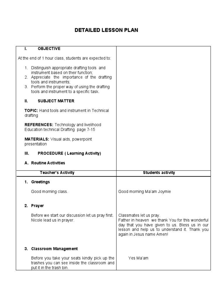 Draft Lesson Plan for Drafting Class | PDF | Drawing | Technical Drawing