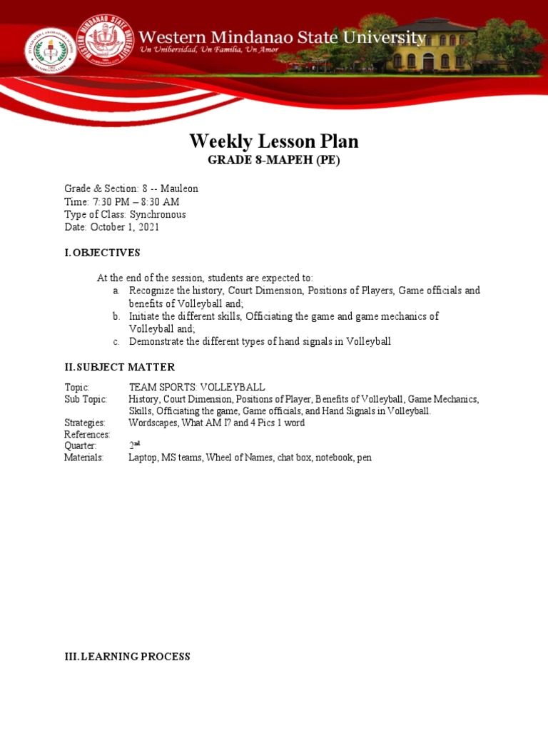 Volleyball Lesson Plan for Grade 8 | PDF | Volleyball