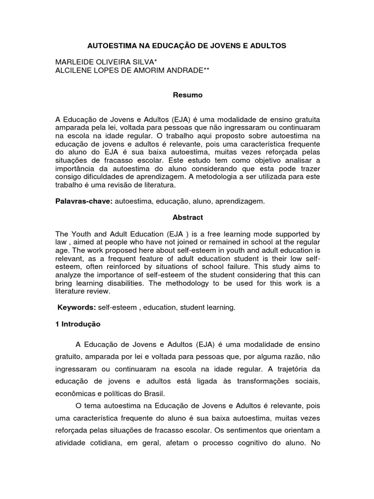 Autoestima Na Educacao de Jovens e Adultos 27 | PDF | Alfabetização ...