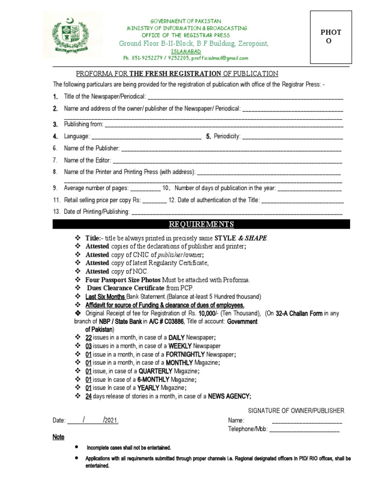 Proforma For Registration | PDF | Publishing | Newspapers