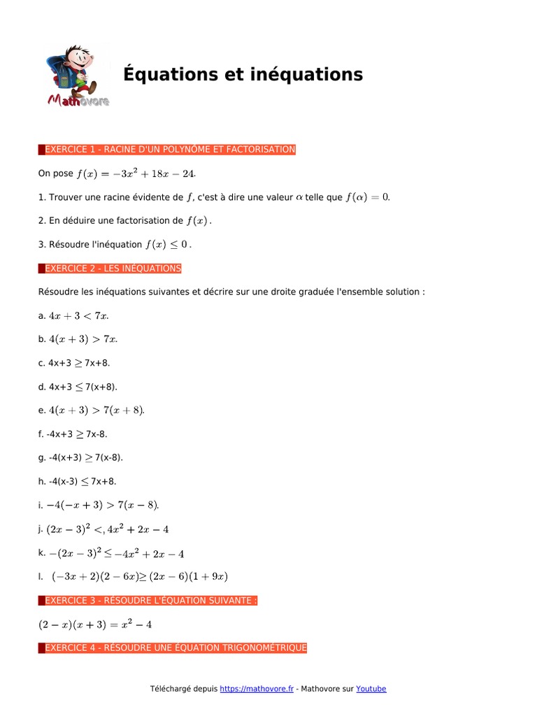 Exercices corrigés : Équations et inéquations | PDF | Équations ...