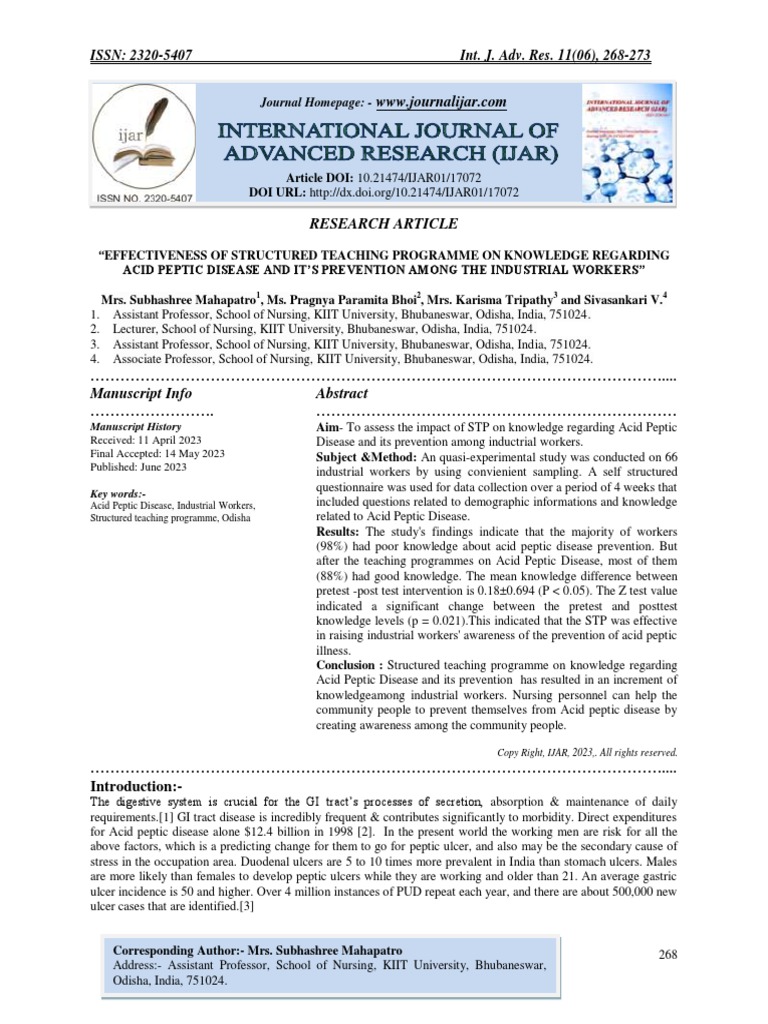 Effectiveness of Structured Teaching Programme On Knowledge Regarding ...