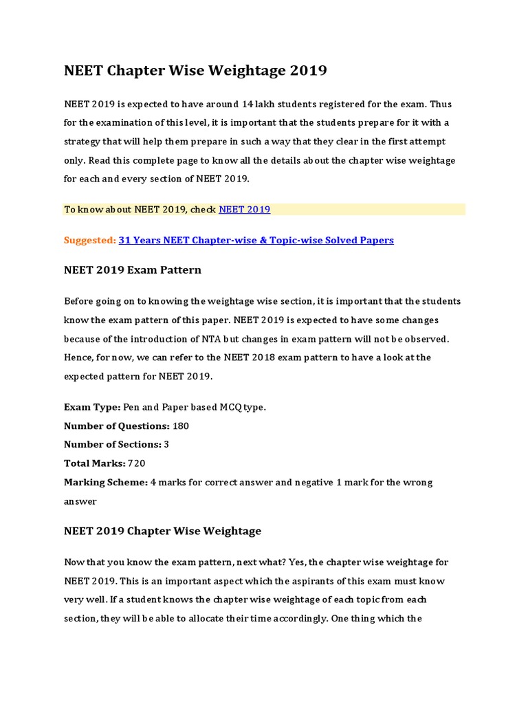 Neet Chapter Wise Weightage Chemistry 2024
