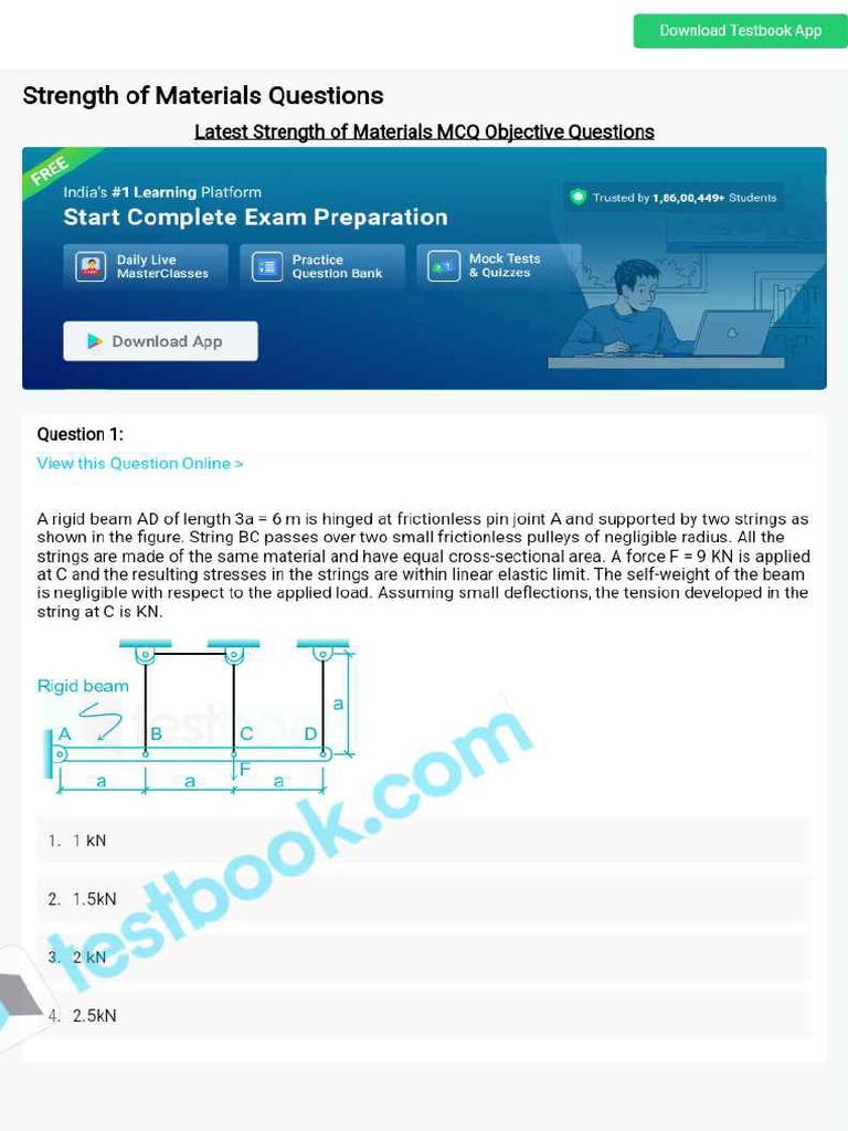 MCQ On Strength of Materials 5eea6a0b39140f30f369de8b PDF