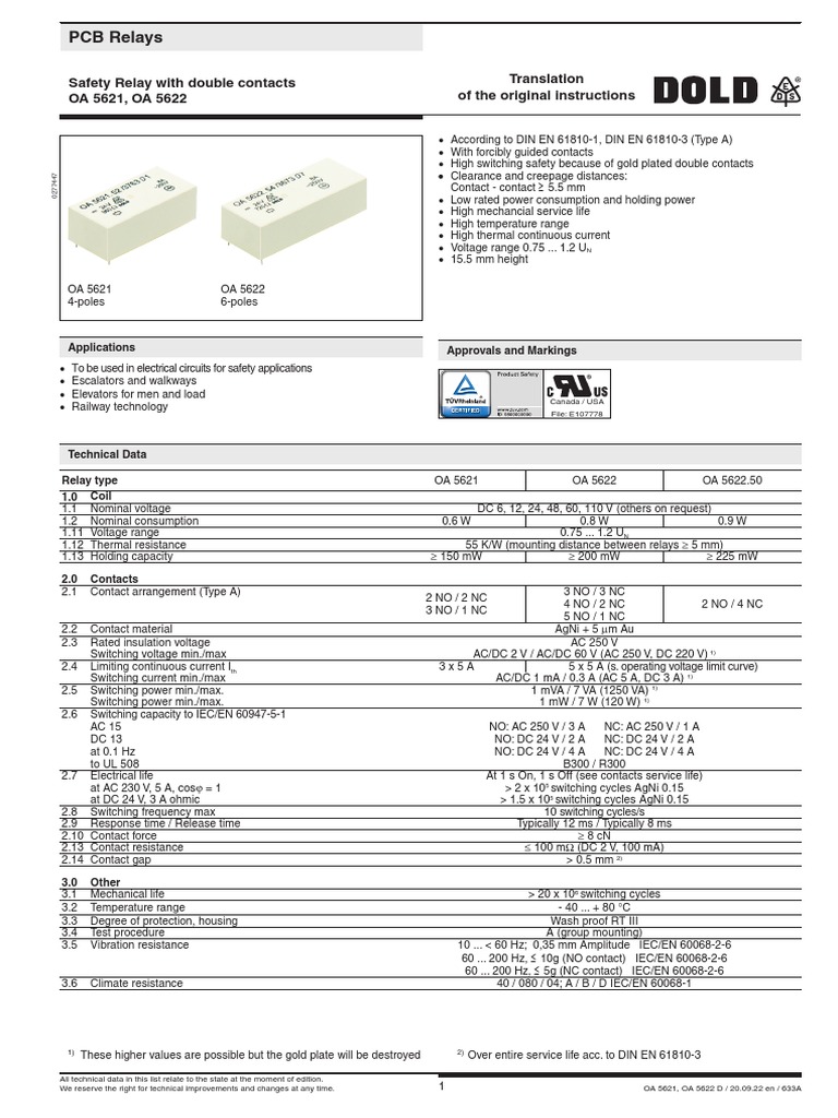 PCB Relays Safety Relay With Double Contacts OA 5621, OA 5622