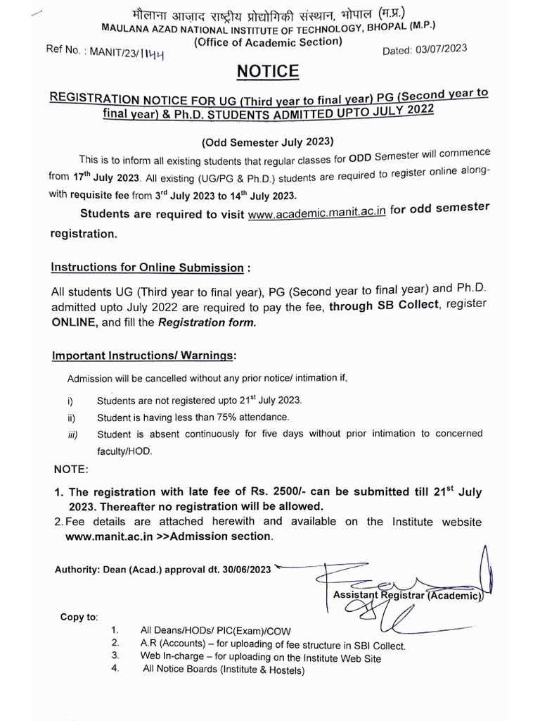 Notice Registration UG PG & PH.D July 2023 | PDF