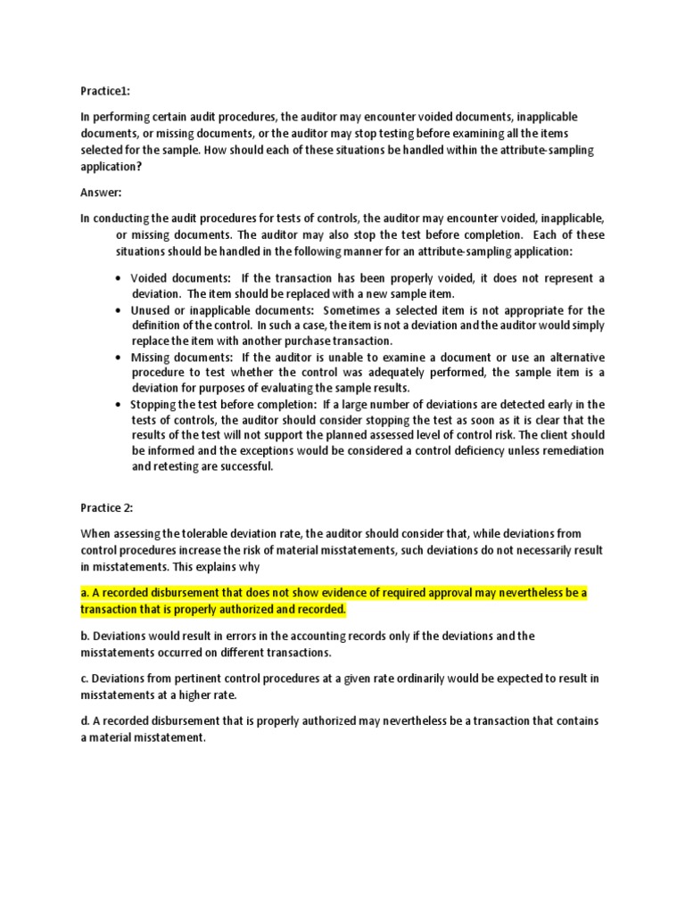 Audit Sampling and Application To Tests of Controls Questions and