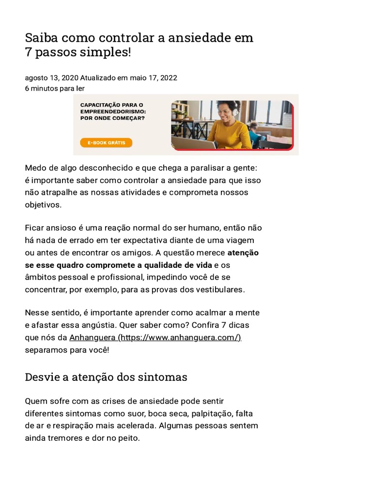 Saiba Como Controlar A Ansiedade em 7 Passos Simples! | PDF | Ansiedade ...