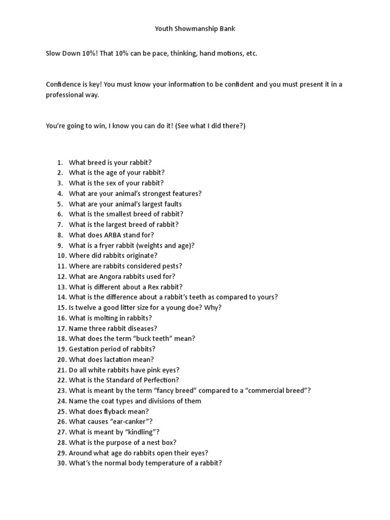 Rabbit Showmanship Study Guide | PDF | Rabbit | Mammals