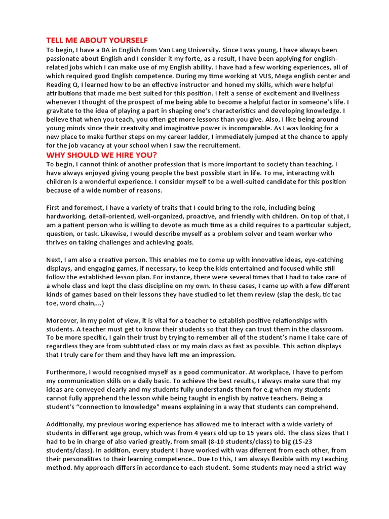 Tell Me About Yourself | Descargar gratis PDF | Teachers | Mentorship