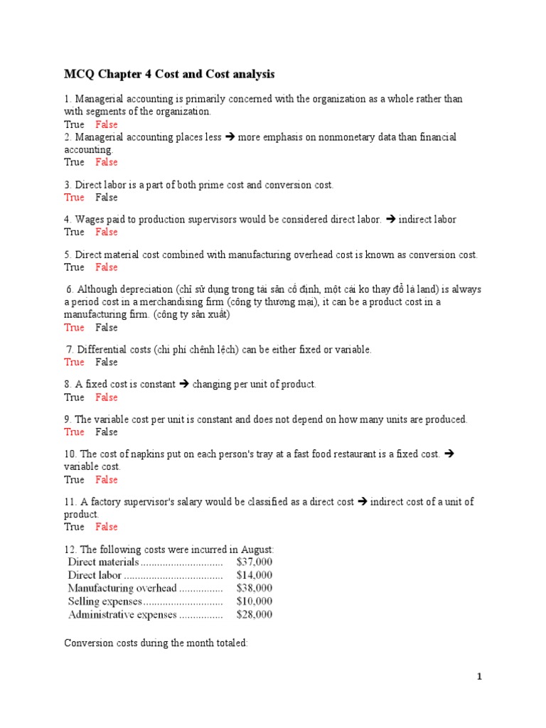 MCQ Cost and Cost Analysis PDF Cost Management Accounting