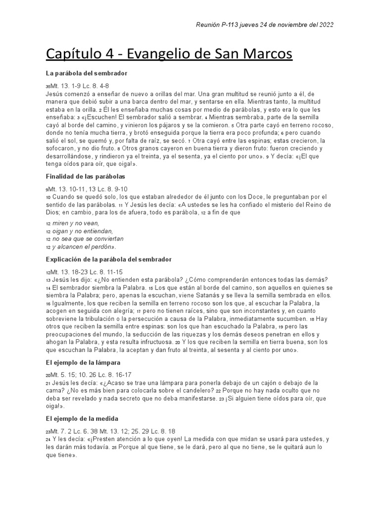 Capítulo 4 - Evangelio de San Marcos | PDF | Parábolas de Jesús | Jesús