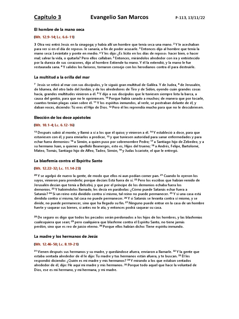 Capitulo 3 Evangelio San Marcos | PDF | Jesús | Evangelio de Mateo