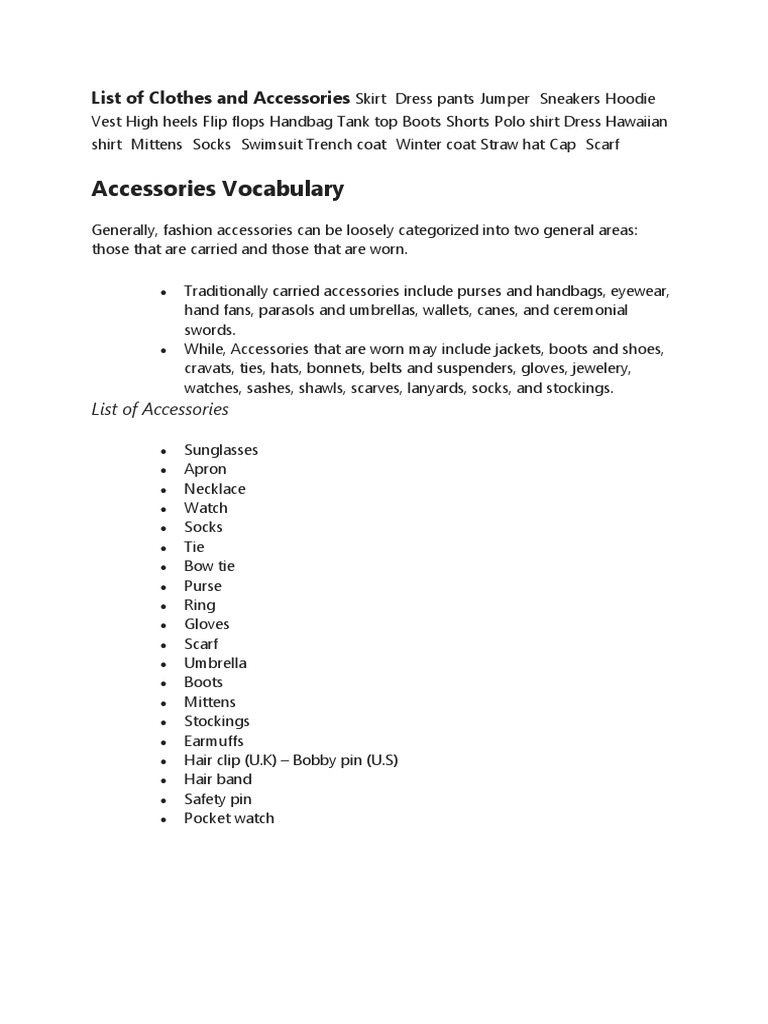 Comprehensive Clothing and Accessories List | PDF