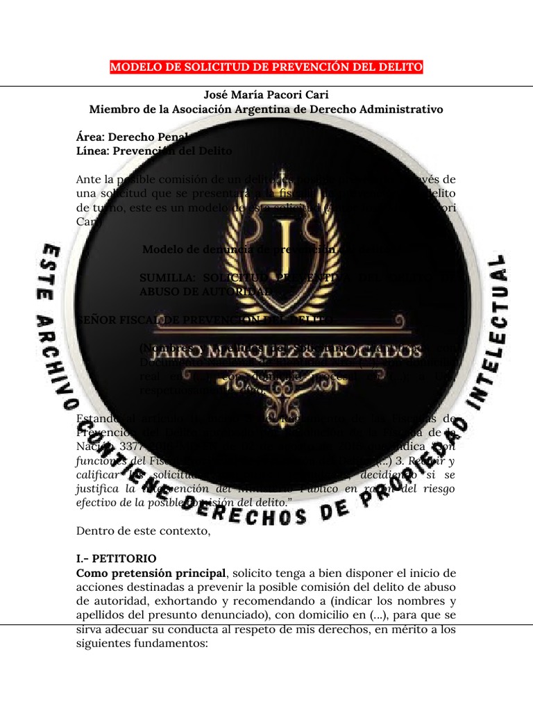 MODELO DE DENUNCIA PARA PREVENCIÓN DEL DELITO | PDF | Prevención del ...
