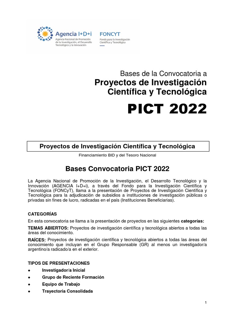 Convocatoria PICT 2022 para Proyectos | PDF | Evaluación | Presupuesto