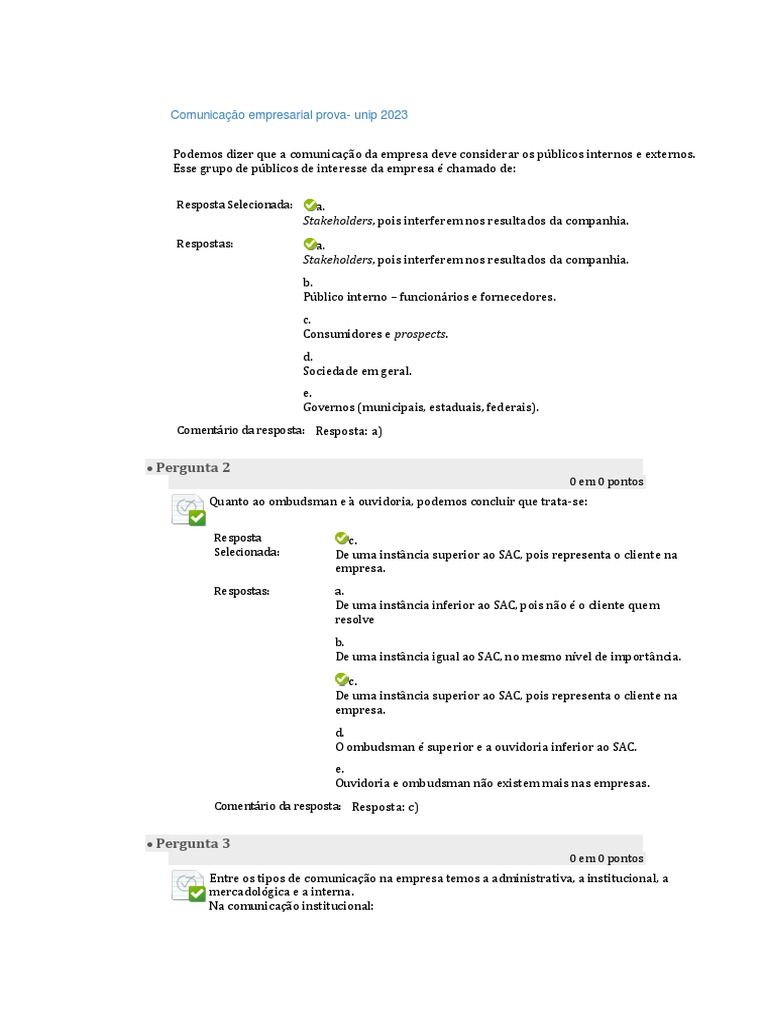 Comunicação Empresarial Prova Unip 2023 | PDF