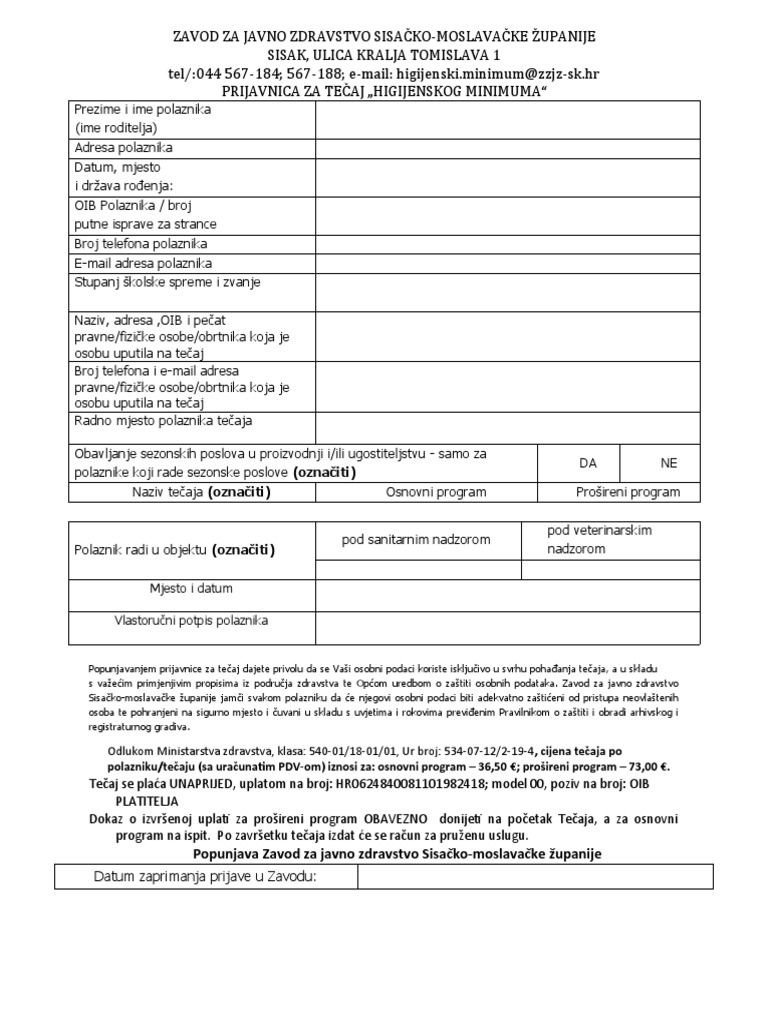 Higijenski Minimum Prijavnica | PDF