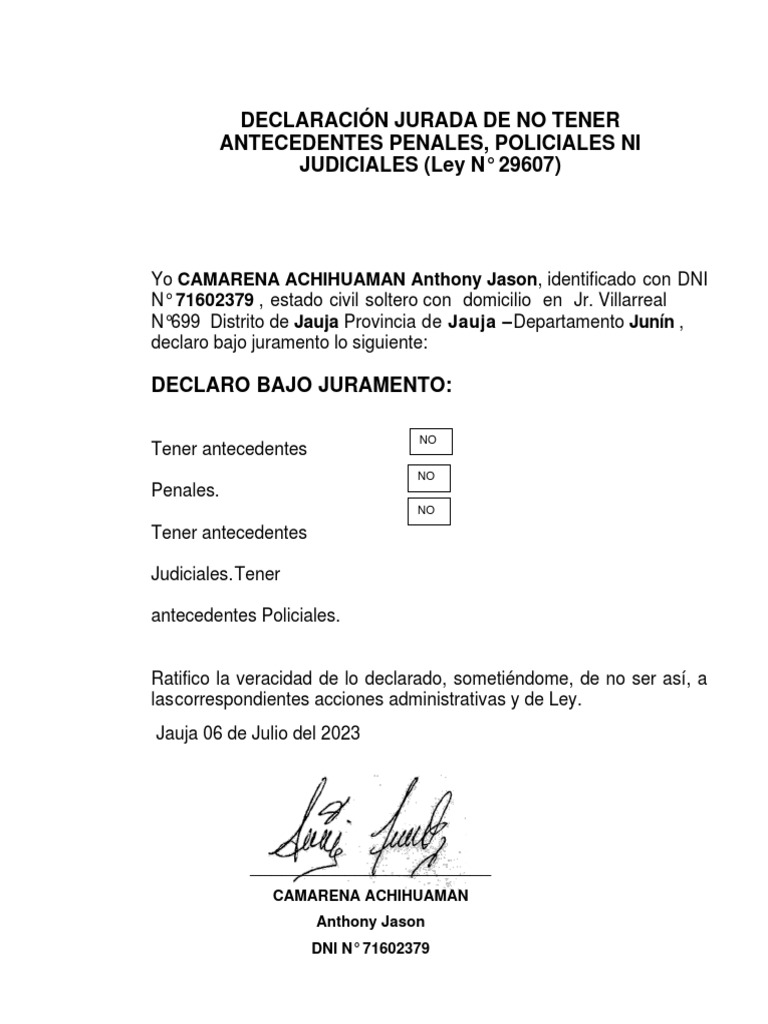 Modelo De Declaracion Jurada De No Tener Antecedentes Penales
