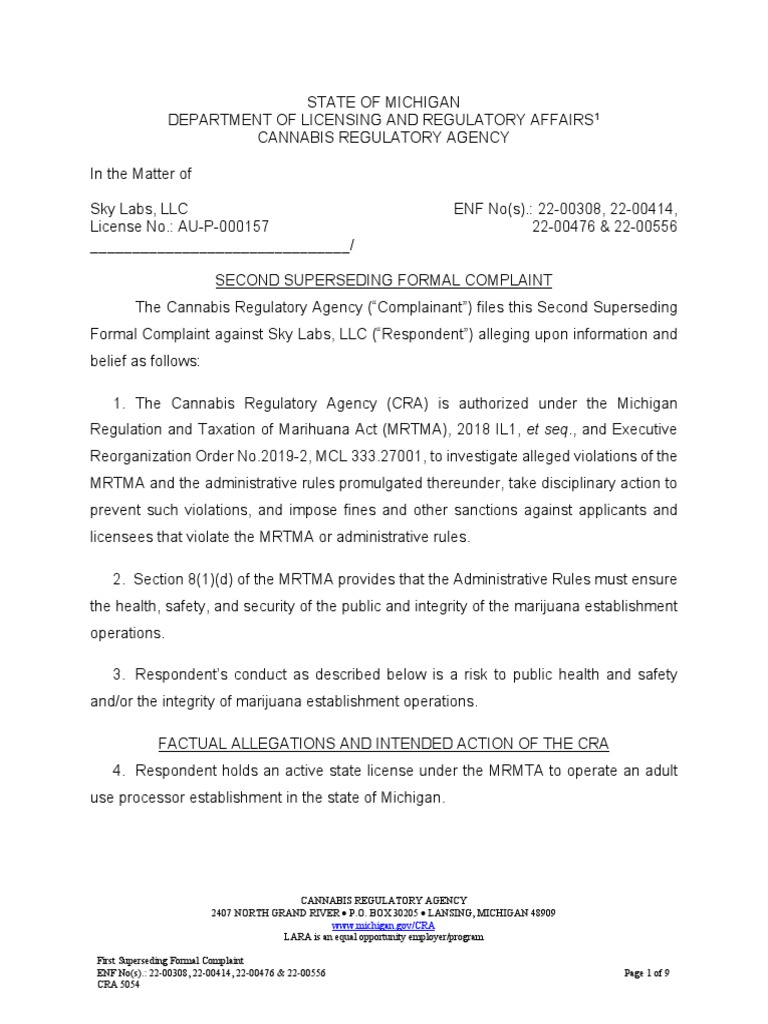 Sky Labs, LLC Second Superseding Formal Complaint | PDF | Cannabis ...