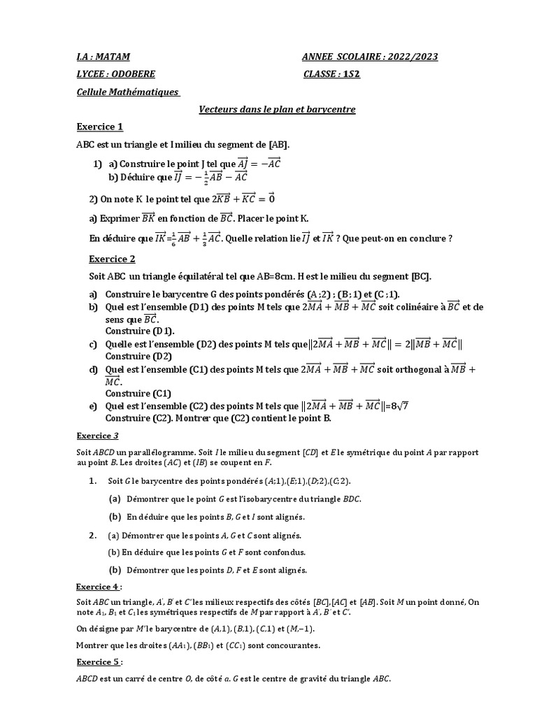 CALCUL VECTORIEL Barycentre ODOS 1S211 PDF