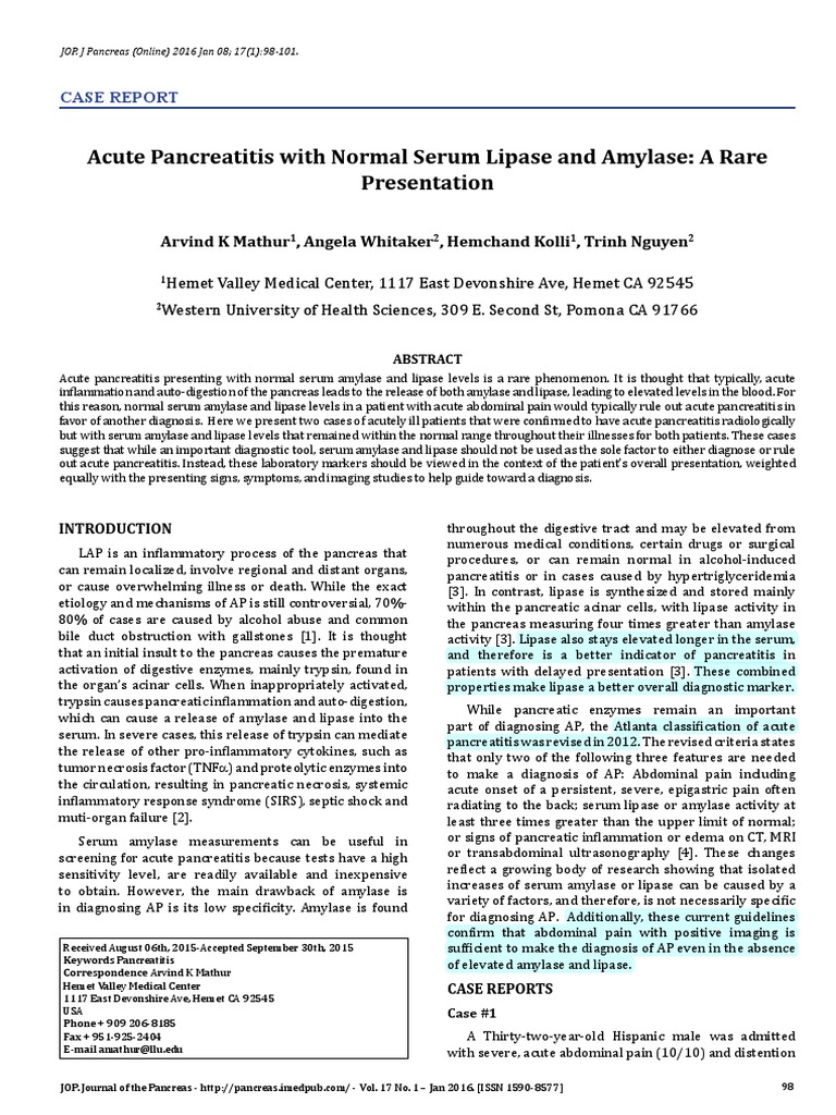 Acute Pancreatitis with Normal Enzymes | PDF | Pancreas | Causes Of Death