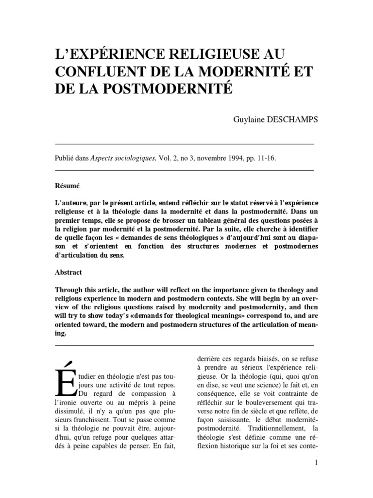 L'expérience Religieuse Au Confluent de La Modernité Et de La ...