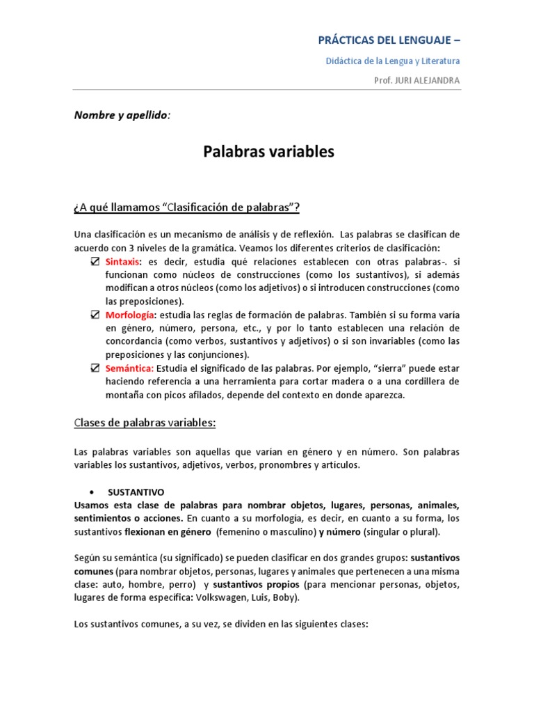 Clasificación de Palabras en Español | PDF | Artes del Lenguaje y ...