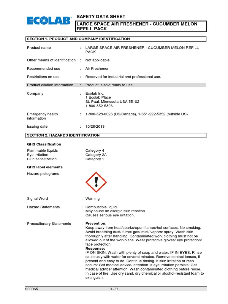 UsZ8920095Large Space Air Freshener Starter Kit PDF Toxicity Dangerous Goods