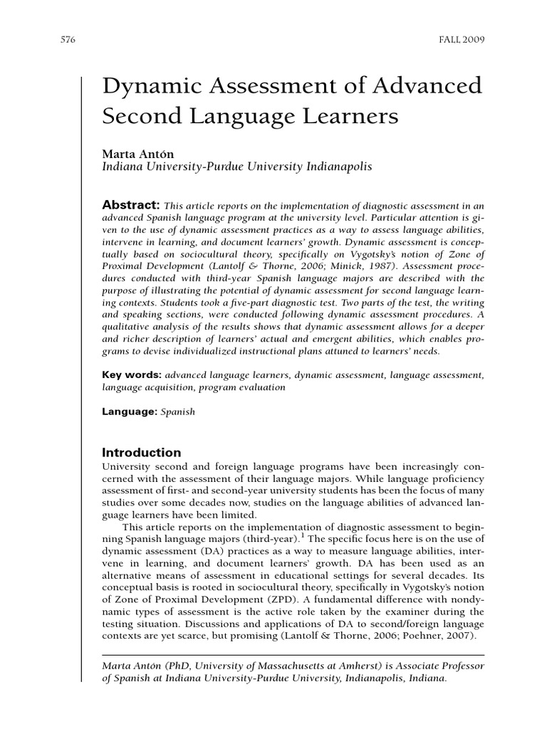 Anton 2009 Dynamic Assessment of Advanced Second Language Learners