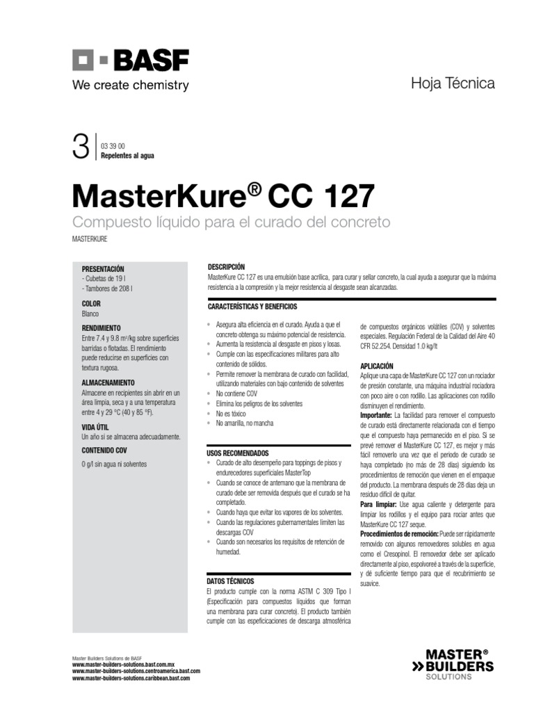 BASFMasterKureCC127 FichaTeÌ Cnica5845aae97af98 | PDF | Solvente | Agua