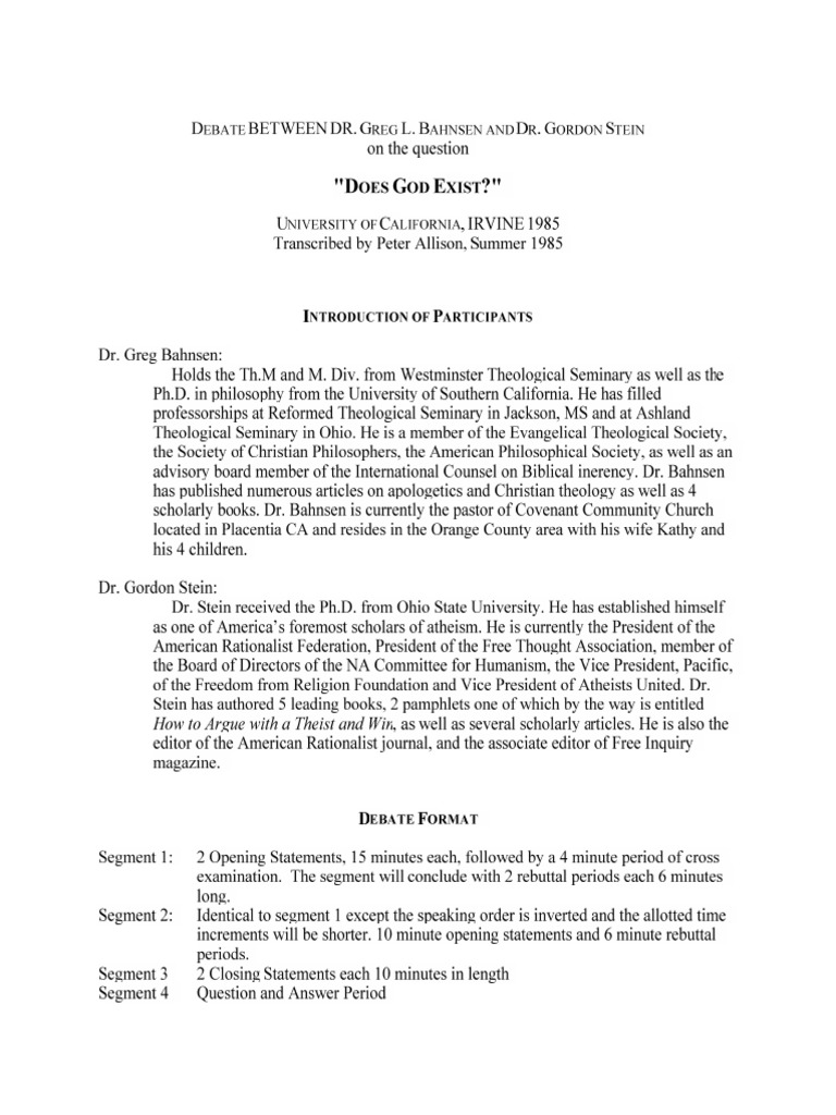 Dr. Greg Bahnsen & Dr. Gordon Stein Debate at UC Irvine | PDF