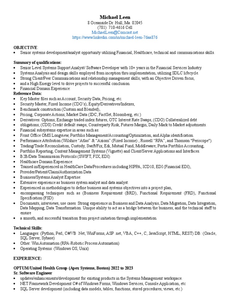 Senior Systems Analyst & Developer Resume | PDF | Microsoft Sql Server ...